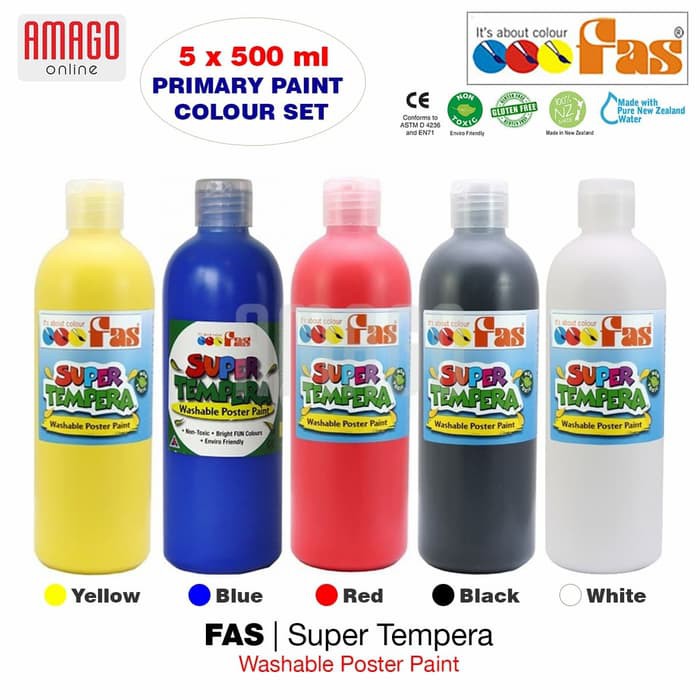 Paket 5 Warna FAS Super Tempera - Yellow - Blue - Red - Black - White - 5 x 500 ml