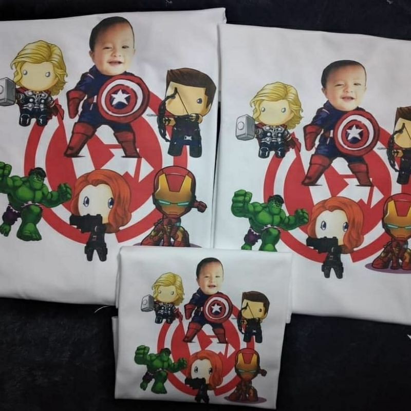 Baju ulang tahun anak dengan foto sendiri tema avengers kaos printing desain sablon custom