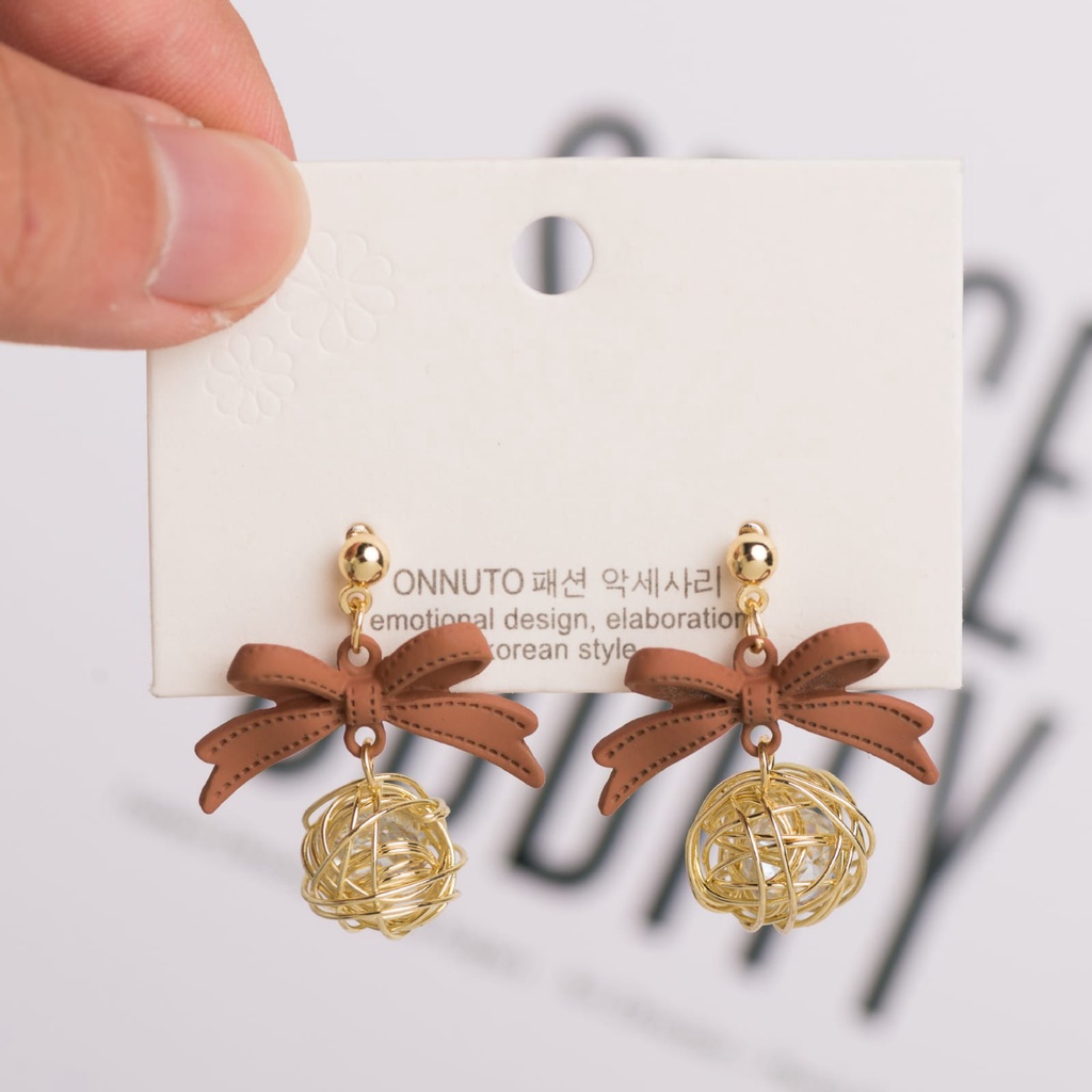 [littlecrab] Anting Pita Bola Sarang Lucu Simple Elegan Anting Coklat Gold Outline Cute Woman Earrings Anting Berkualitas Korean Style