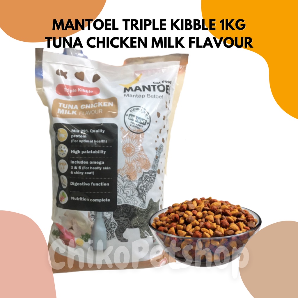 Makanan Kucing MANTOEL DRY CAT FOOD TRIPLE KIBBLE TUNA CHICKEN MILK FLAVOR Kemasan 1KG