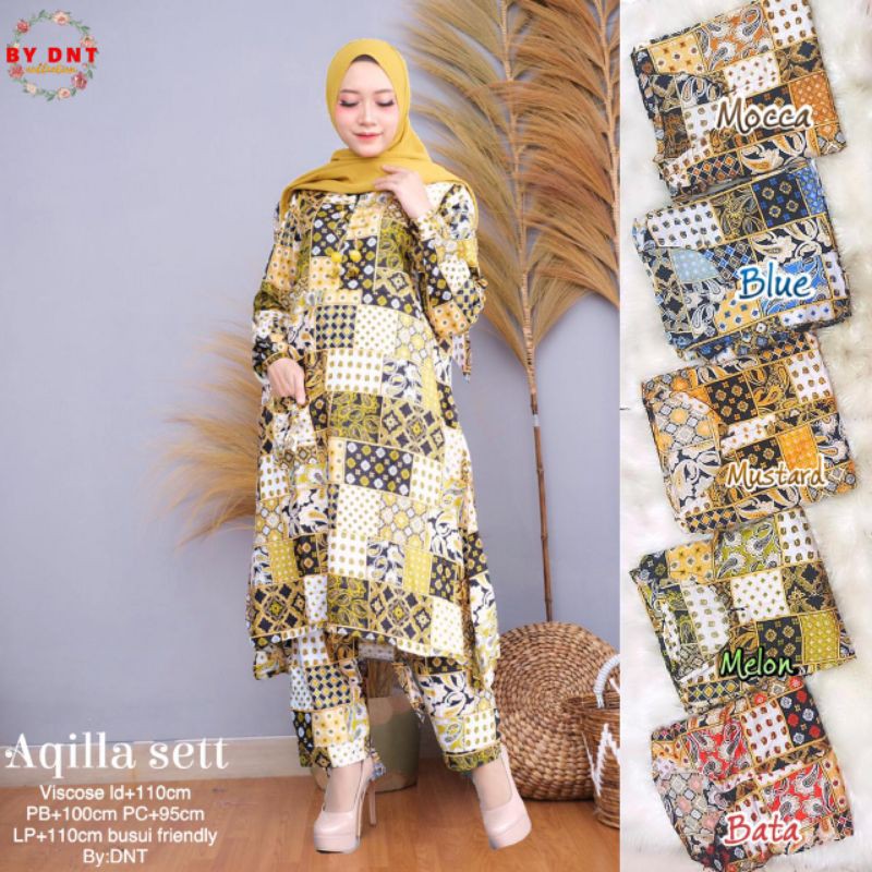 Setcel setelan celana dan long tunik busui rayon viscose setelan harian Aqilla Sett