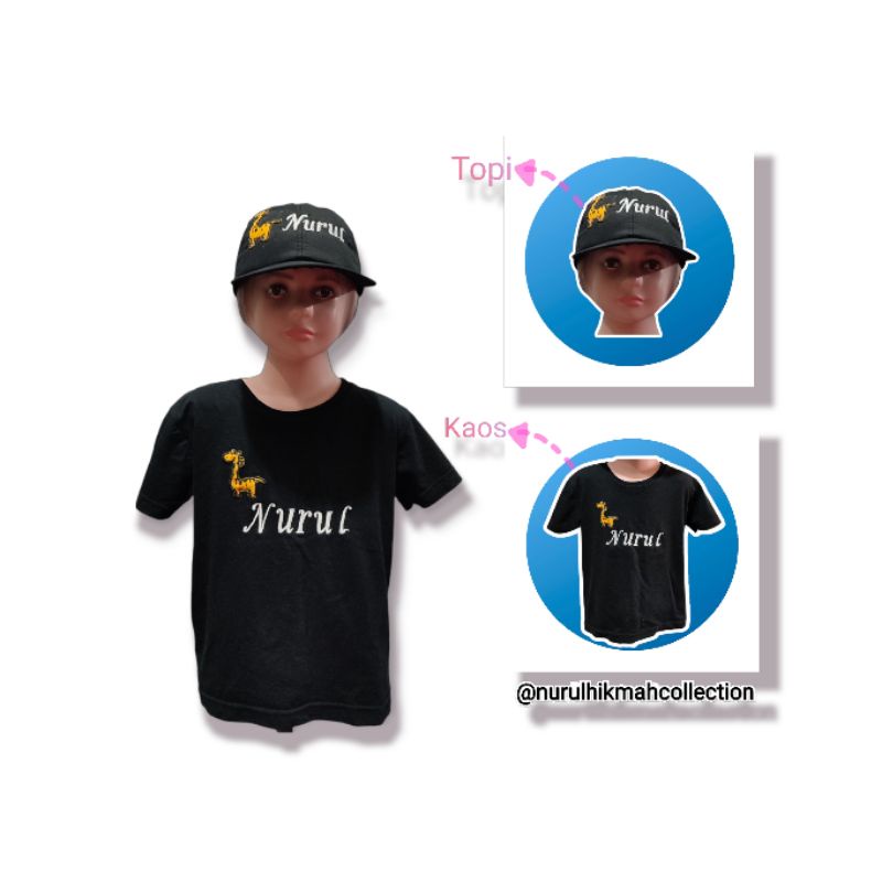 Kaos Anak+Topi/Kaos Anak+Bucket/Kaos Anak Tangan Pendek GRATIS Bordir Nama Custom