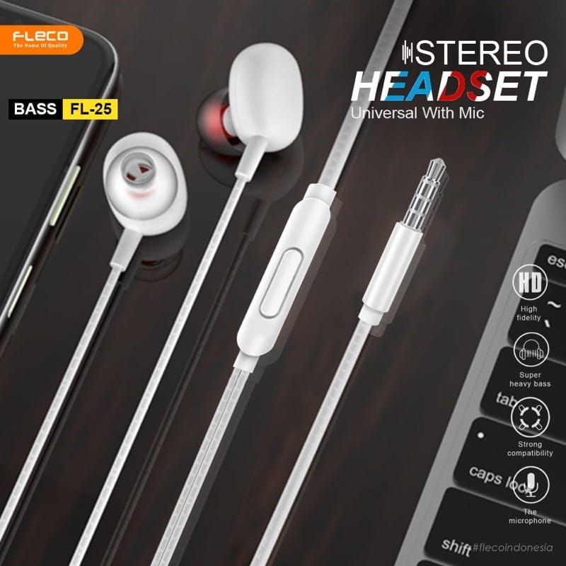 Headset FLECO FL-25 STEREO BASS Handsfree BASS Earphone  Universal With Mic NEW 100% ORIGINAL