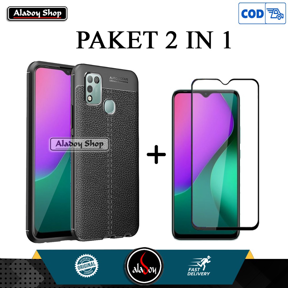 Case Infinix Hot 10 Play New Slim Soft Case Auto Focus Leather + Tempered Glass Anti Gores Kaca Laya