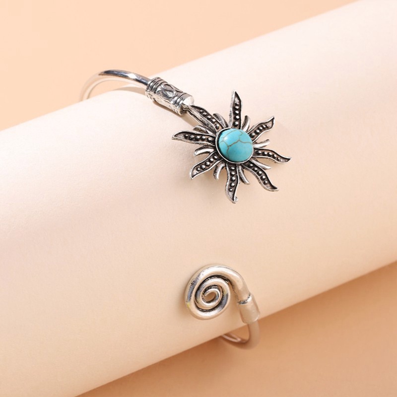 Gelang Bangle Open Adjustable Desain Bunga Matahari Bahan Alloy Hias Batu Turquoise Vintage