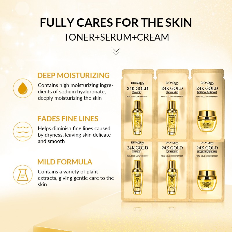 Bioaqua 24K Gold Facial Trial Kit 10pcs Paket Skincare Memudarkan Garis Halus Kerutan Wajah BPOM