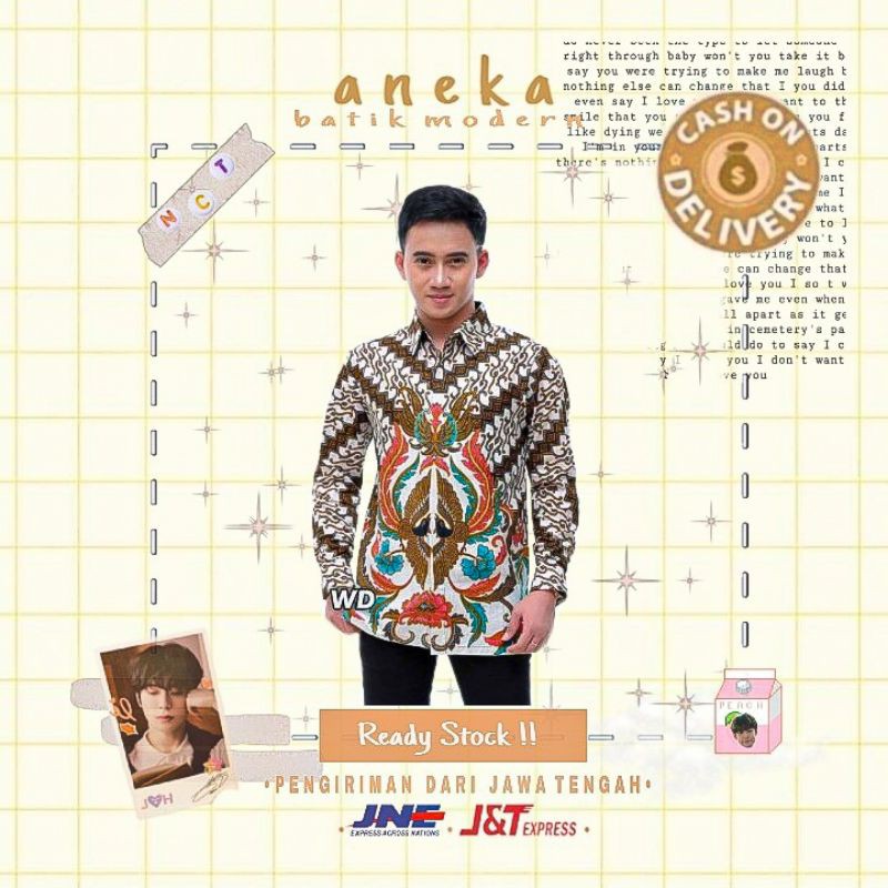 HEM KEMEJA ATASAN BATIK PRIA COWOK LENGAN PANJANG WARNA PUTIH KOMBINASI HIJAU TOSCA ORANGE COKLAT