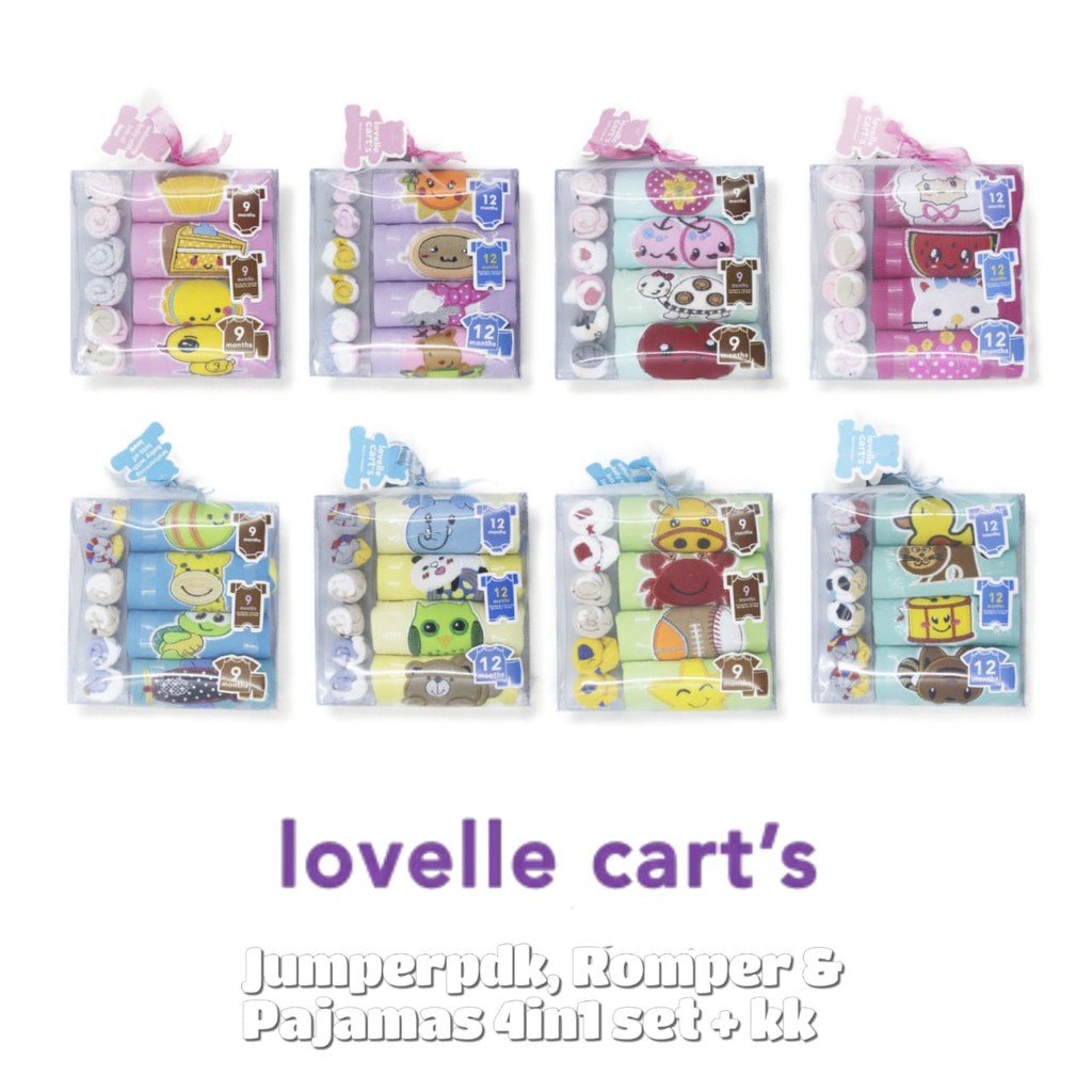 JUMPER LENGAN PENDEK,  ROMPER &amp; PAJAMAS (Tee &amp; short pants set) 4in1 + socks Lovelle Cart's 4in1 SNI