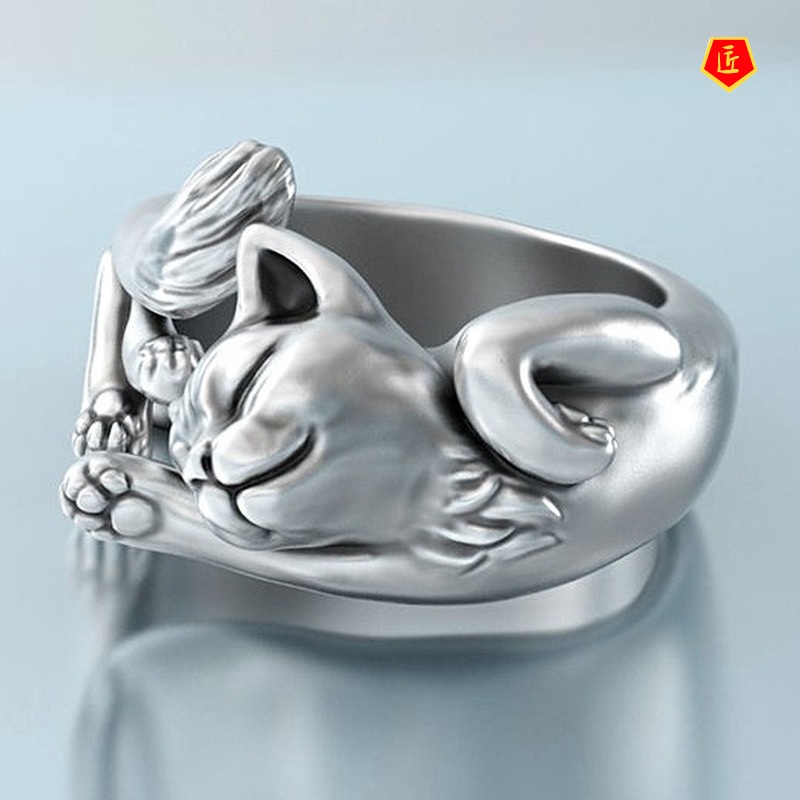 [Ready Stock]925 Retro Silver Black Cat Totem Ring Fashion Personality