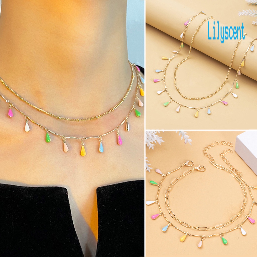 2pcs / Set Kalung Rantai Dengan Liontin Bentuk Tetesan Air Hollow Out Warna-Warni Untuk Wanita