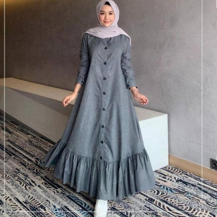 Baju Gamis Muslim Dress Remaja Wanita Dewasa Kekinian Terbaru Murah - Abu-abu