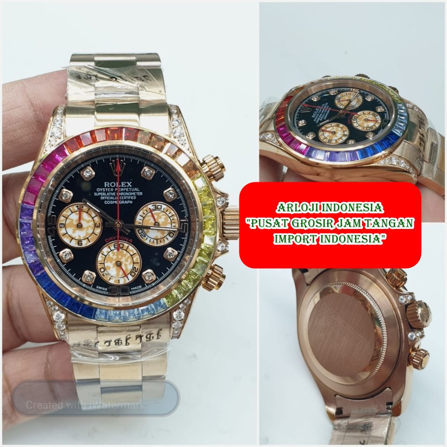 Impor Jam Tangan Pria ROLEX Daytona Rainbow Rose Battery Garansi 1th