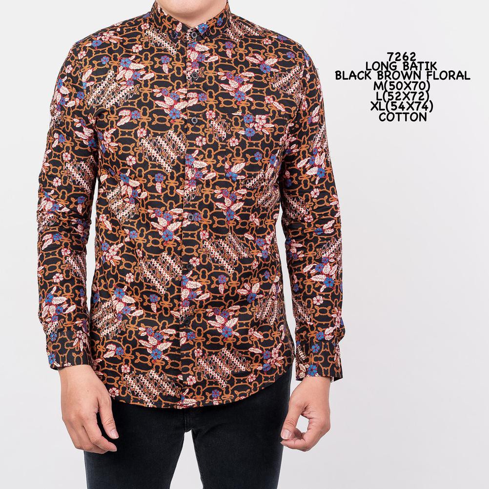 Credomenstore 7262 Kemeja Batik Pria Lengan Panjang Hitam Motif Coklat Floral Lte