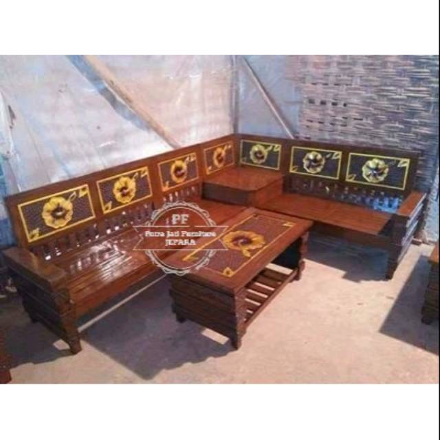 Paket Hemat Meja Kursi Sudut Kayu Jati/ Kursi Tamu Ukir/ Kursi Tamu Warna Kombinasi
