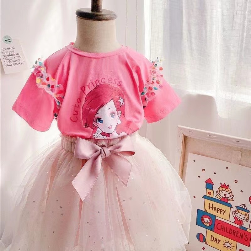 Baju Kaos Princess Anak Perempuan Impor Motif Elsa Aurora Cinderella Rainbow Sleeve