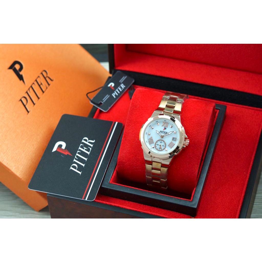 New Arrvial Jam Tangan Wanita Fashion Analog Piter Original Rantai Stainless Tanggal&Detik Bawah On