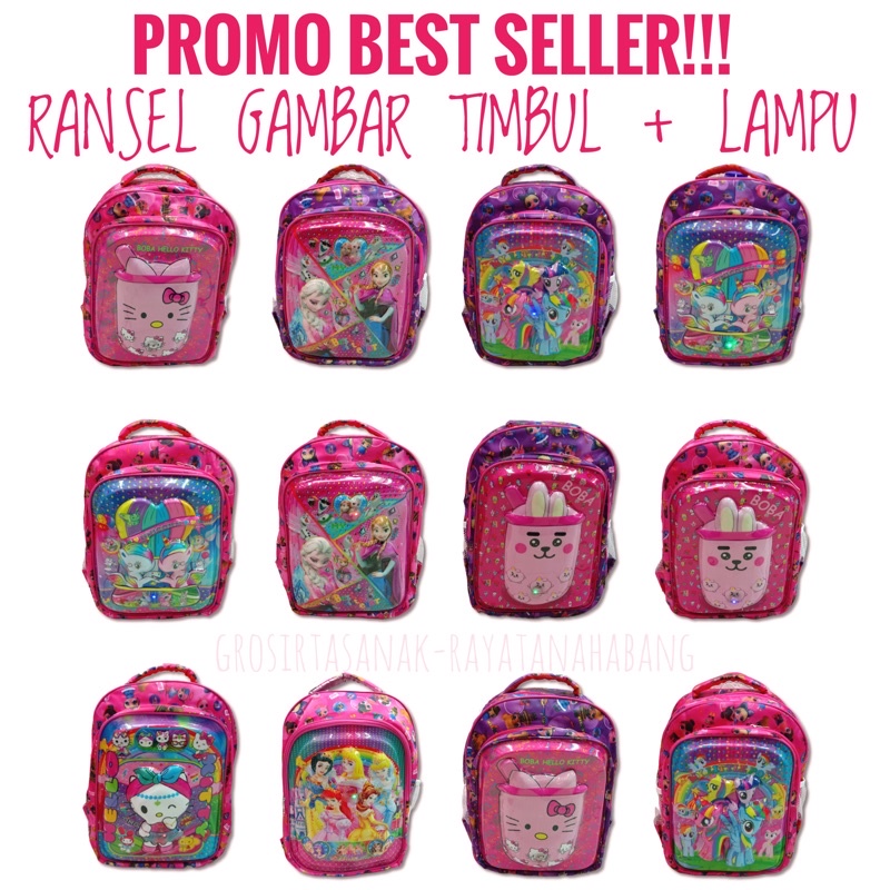 Tas ransel anak sekolah SD gambar timbul LAMPU hello kitty unicorn frozen boba kekinian