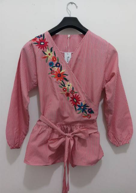 Blouse wanita Kimono bahan katun kotak / garis bordir dada ada tali pinggang Ken-326