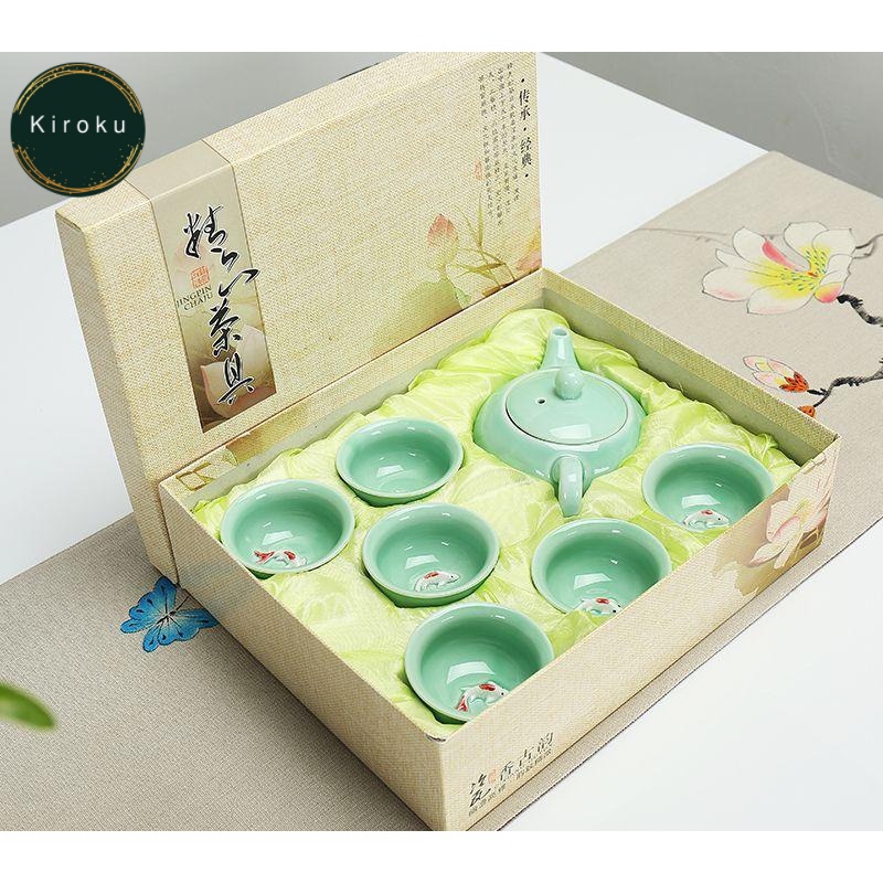 SAKANA - Celadon Chinese Tea Set Tea Cup Fish Ceramic Tea Pot Import - KIROKU