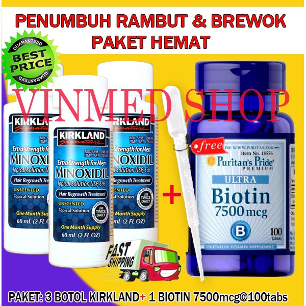 Kirkland Minoxidil 3 Botol +Biotin 7500mcg @100 Tabs+FREE Pipet Plastic (Paket HEMAT 3 Bulan)