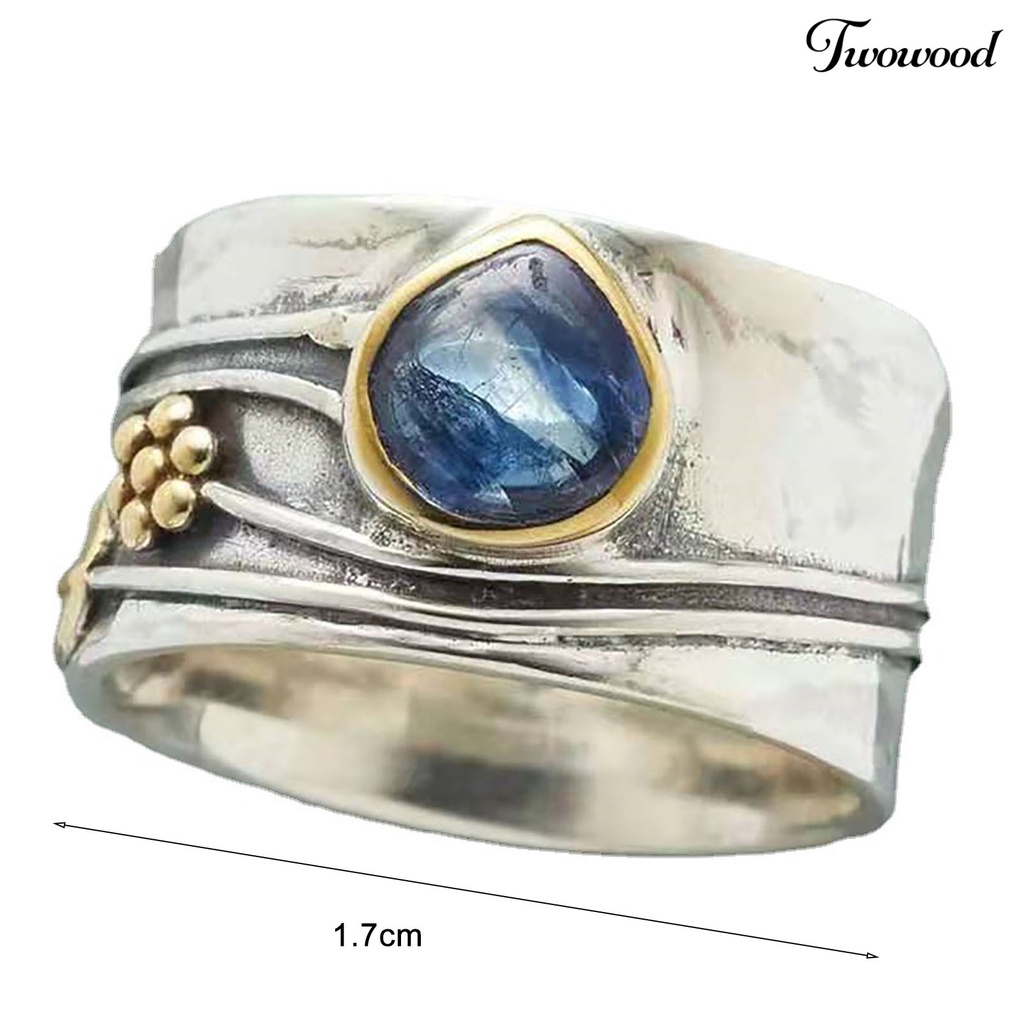 Twowood Two-tone Simple Statement Vintage Ring Blue Faux Gem Leaves Flower Finger Ring Jewelry Accessaries