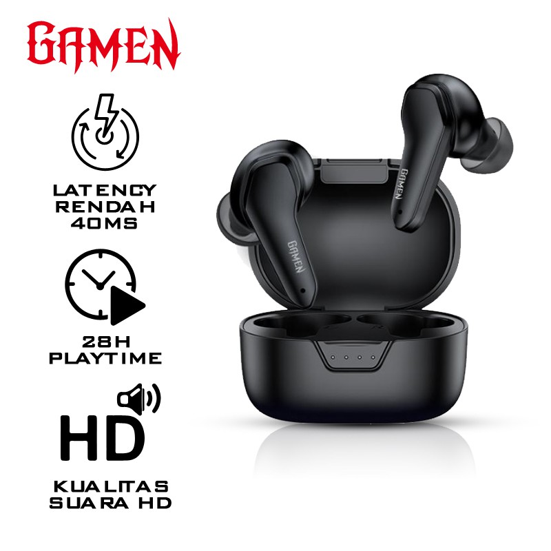 GAMEN Sirens Headset Earphone Airbuds Low Latency 40 MS 60 MS LED HD Sound Semi-In-Ear Waterproof TWS True Wireless Stereo Original - Garansi Resmi 1 Tahun
