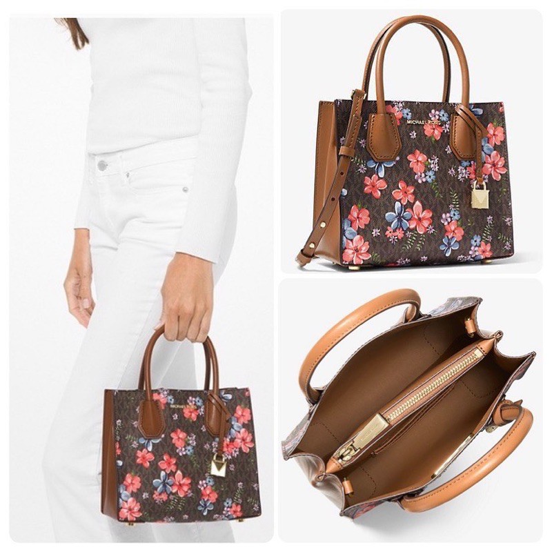 tas michael kors original - Michael kors mercer medium floral brown logo