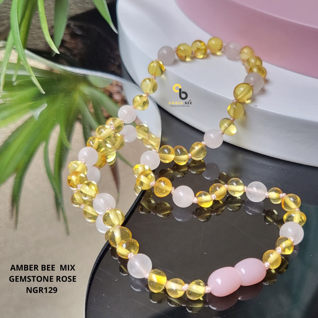 Kalung Amber Baby &amp; Anak Premium Glossy Lime Rose Gemstone NGLR129 By Amber Bee