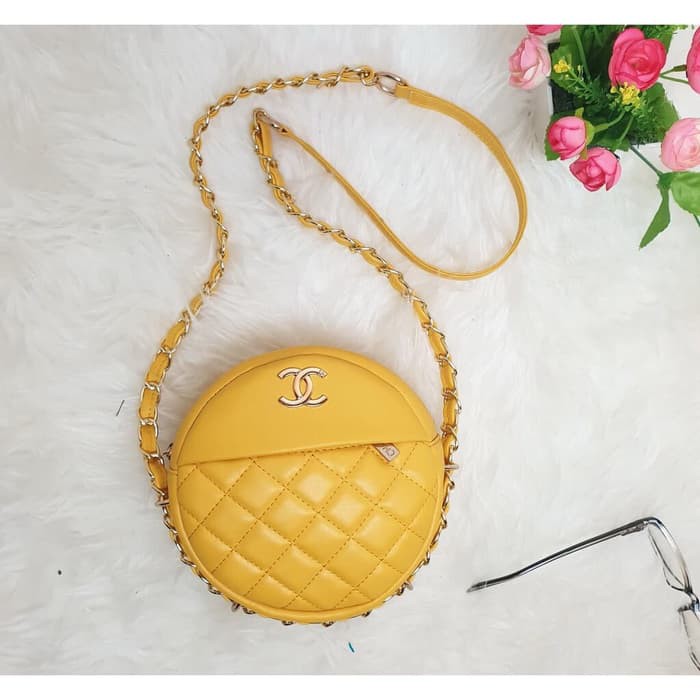 TAS BATAM TAS WANITA IMPORT TAS CHANEL SLEMPANG BULAT MINI KANVAS IB - Kuning