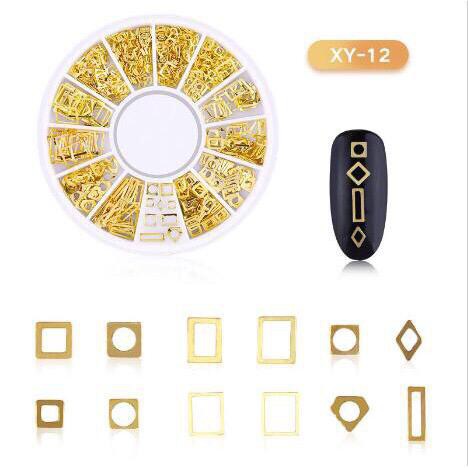 Hiasan Metal Bentuk Geometri Campur Aksen Hollow 3D Warna Gold untuk Dekorasi Nail Art 3D Kutek nail