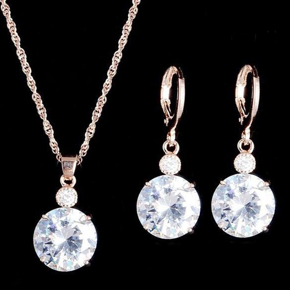 OW@ Fashion Jewelry Set Round Rhinestone Pendant Necklace Bridal Leaverback Earrings