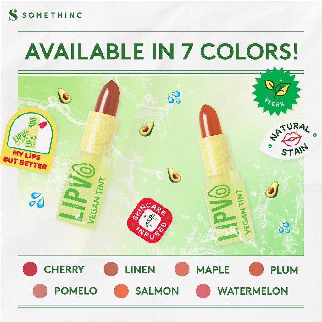 SOMETHINC Lipvocado Vegan Tint Indonesia / Lipstick Make Up Skincare Cleanser Essence Toner Serum Eye Cream Gel Mask / Foundation Cushion Loose Powder Blush On Concealer Highlighter Eyebrow Eyeliner Eyelash Mascara Lip Gloss Sponge Palette Wax Paket Set