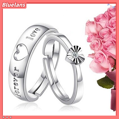 Cincin Adjustable Desain Forever Love Heart Bahan Zircon Lapis Silver Untuk Pasangan