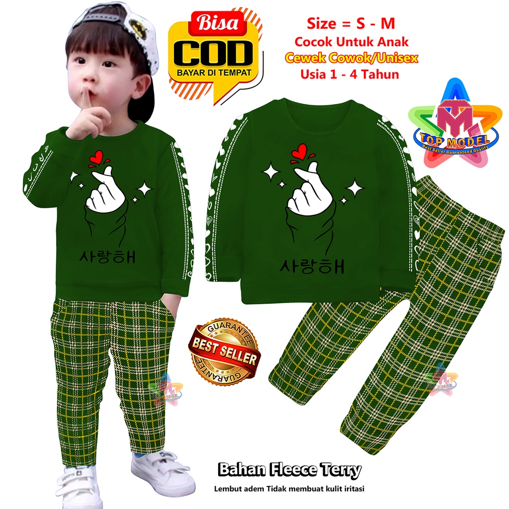 Setelan Baju Anak Saranghaeyo UNISEX 1-4 Tahun Cewek Cowok,TM0008B terbaru dan termurah Bahan Fleece Terry