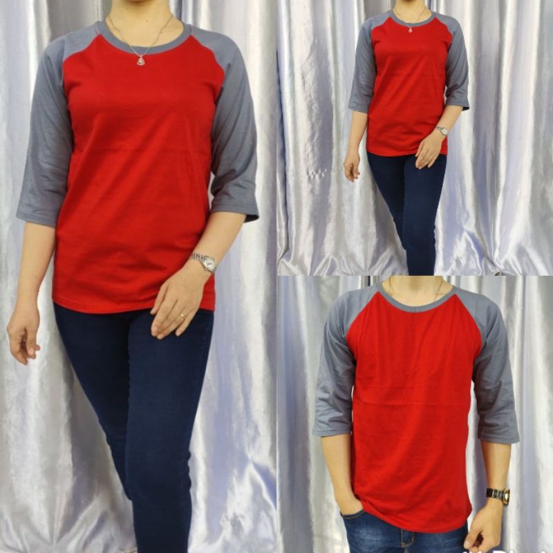 kaos raglan polos 3/4 MERAH-ABUKATUN dewasa uk M L XL XXL