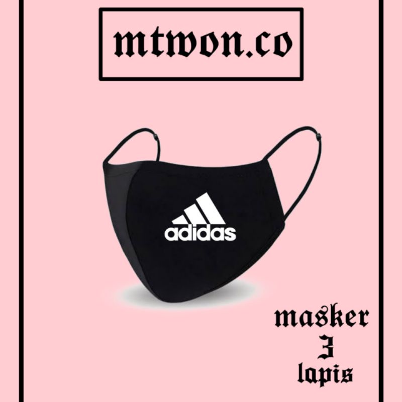 Masker Adidas logo sport/olahraga / black 3ply Earloop headloop / pria wanita dewasa / masker hitam 