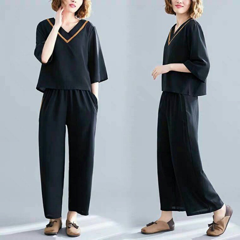 setelan wanita casual / setelan hitam / set baju vneck / setelan baju muslim