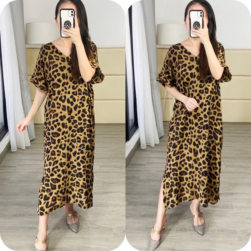 home dress / daster adem / daster rayon / dress vneck / maxi dress daster / daster leopard