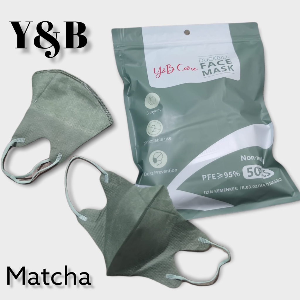 MATCHA HITAM PUTIH DB YB CARE PACK 50 - MASKER DUCKBILL Y&amp;B CARE EARLOOP 3PLY GARIS WARNA