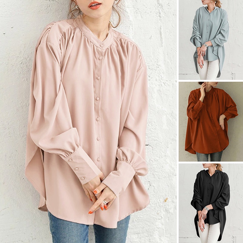 ZANZEA Women Plus Size Full Sleeved Elegant OL Solid Color Blouse Casual Loose Shirts