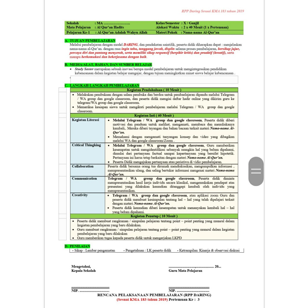 RPP 1 LEMBAR (RPP Daring,Luring Dan Tikom Sabar) MA Al-Quran Hadis Kelas 11, 2 Semester, Sesuai Kma 183 Tahun 2019