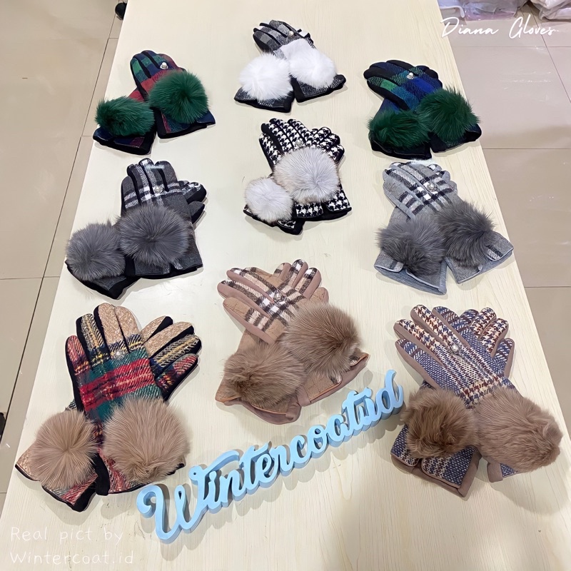 Sarung tangan winter wanita import fashion gloves hangat pompom berry houndstooth