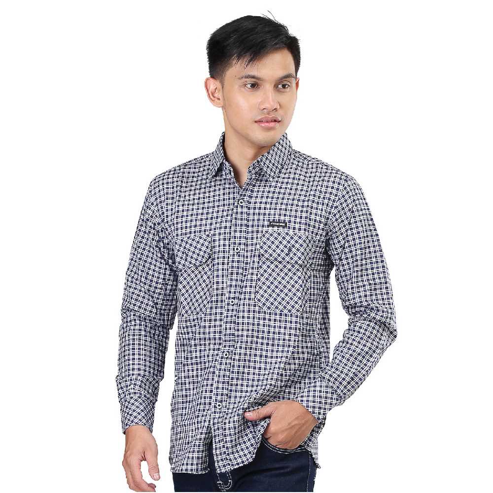 BAJU KEMEJA PRIA CASUAL LENGAN PANJANG WARNA BIRU MOTIF GARIS 774