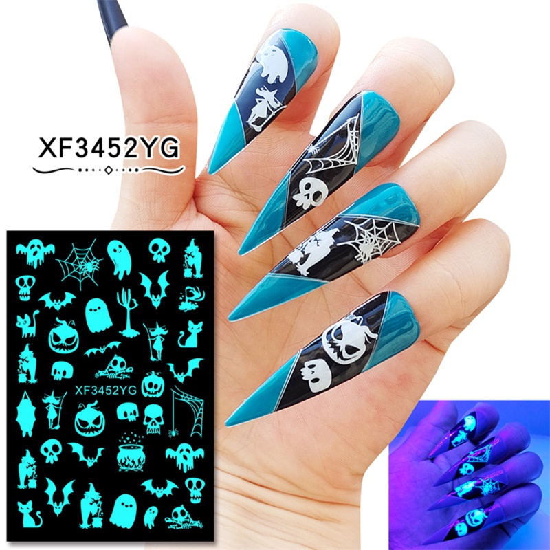 12 Lembar Stiker Kuku Fluorescent Glow In The Dark Untuk Halloween
