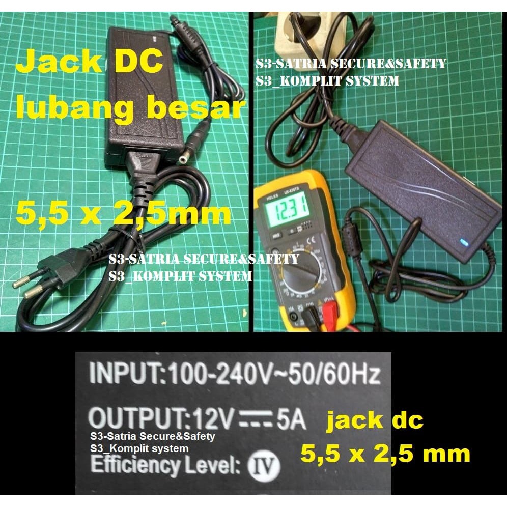 Adaptor 12v 5a Jack DC besar 5.5 x 2.5 mm lubang 5.5mm x 2.5mm monitor