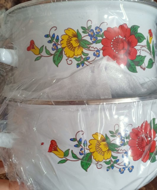 Panci Set Enamel 3 Pcs Tutup Kaca/panci Set Jadul/panco Set Enamel Bunga