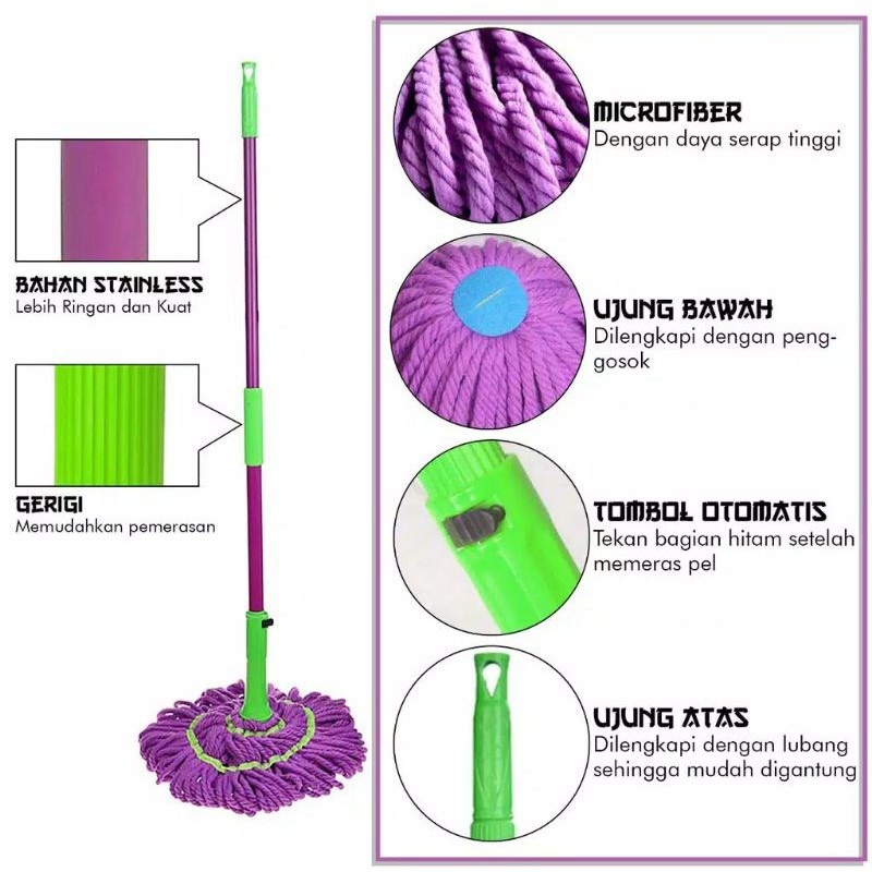 Alat Pel Twist Mop Lantai Simple dan Keren Daya Serap Tinggi / Alat Pel Otomatis / Alat Pel Putar Mudah Digunakan Praktis Dilengkapi Ujung Penggosok Gagang Pel Kokoh