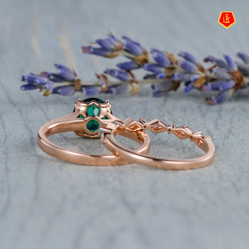 [Ready Stock]New Inlaid Emerald Ring 14K Rose Gold Elegant Graceful