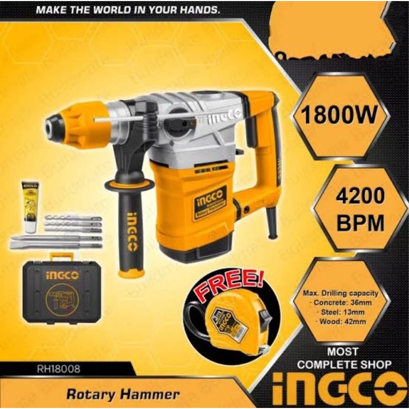 MESIN ROTARY HAMMER 36MM MESIN BOR BETON MESIN BOR BOBOK TEMBOK INGCO BONUS 2 SET SARUNG TANGAN INGCO