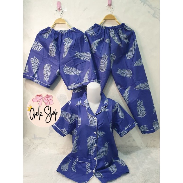 Baju Tidur Wanita/Piyama Wanita Dewasa Katun Motif Daun Part 3-3in1 MOCCA NAVY
